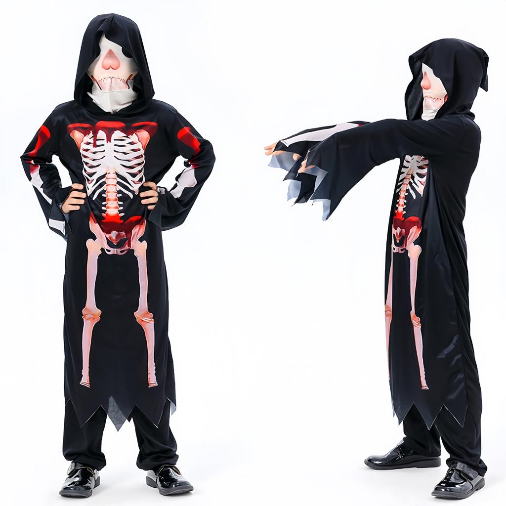 Kids Grim Reaper Hooded Costume Skeleton Fantasy Role Play Black 3-8 Years
