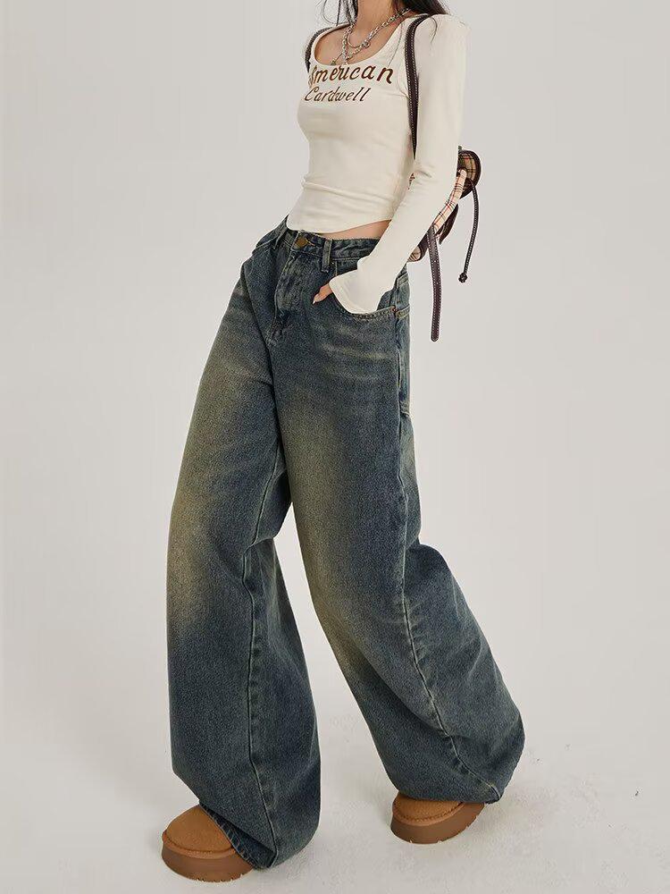Women's High-Waisted Wide-Leg Retro Jeans - Spring/Autumn Trendy Floor-Length Pants