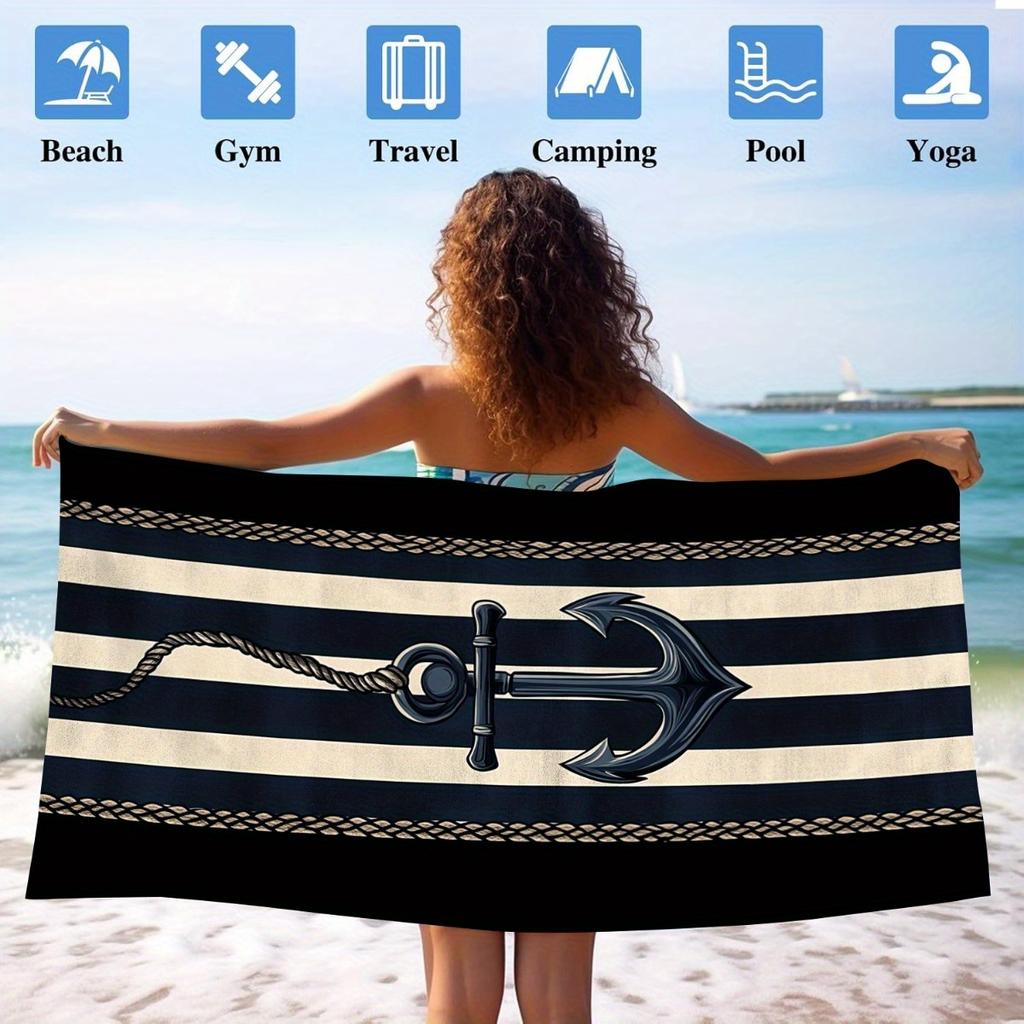 Vintage Nautischer Anker Gestreiftes Strandtuch Schnelltrocknend Sandfrei Übergroßes Badetuch für Pool Reisen Sommerurlaub