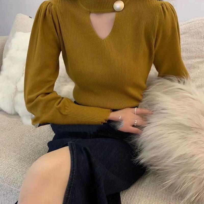 Meia gola alta malhas pulôver camisola feminina clavícula manga longa outono e inverno casual sólido camisola pulôver topos