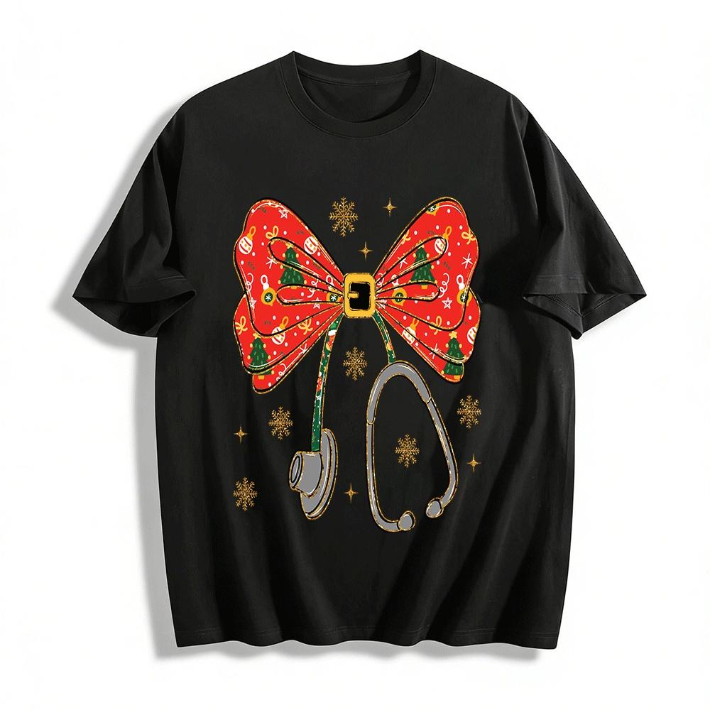 Christmas Medical Stethoscope Bow Print Casual Top Pure cotton T-shirt XXS