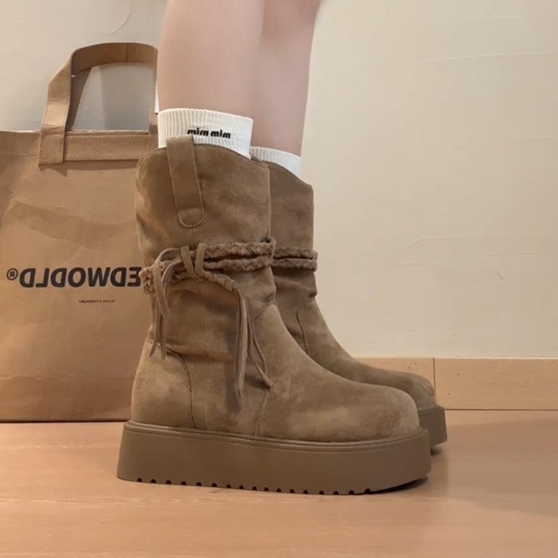 Retro Spice Girl Skinny But Knee Round Head Knight Boots Women's Autumn and Winter Fashion Versatile Medium Boots Fashion Boots Tide