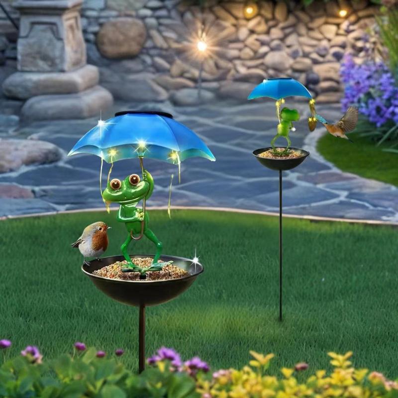 Creative Frog Umbrella Holding Solar Iron Art Ornament bird feeder for Outdoor Garden Courtyard Decorative Sign Suitable