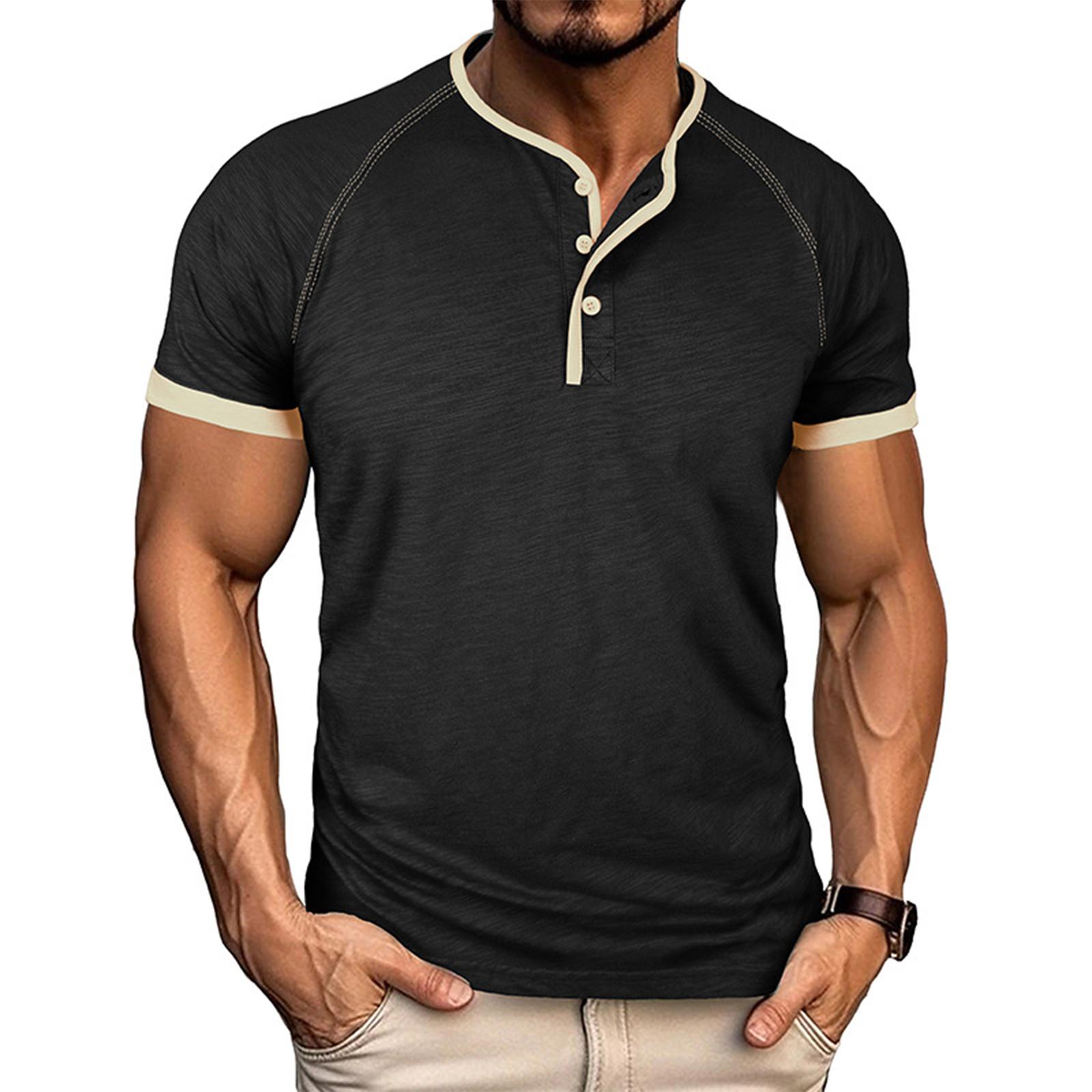 

Мужская рубашка для активного отдыха, тренировок, отдыха, с пуговицами, круглым вырезом, коротким рукавом L чёрный