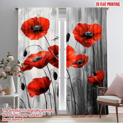 2pcs,2D Plane Printing Pattern Curtains Red Poppy Dance Versatile Fabric (without Rod) Versatile All Ldeal for Study, Living