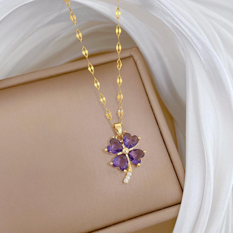 Simple Lucky Colorful Zircon Clover Pendant Necklace for Women Girls Stainless Steel Chain Jewelry Gold Color Accessories Gifts