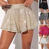 Loose Shorts Women Sequin Elastic High Waist A-line Pure Color Solid Ultra Short Above Knee Length Performance Dance Sequined Design
