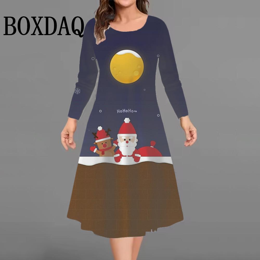 Plus Size Women Dress Christmas Tree Long Sleeve O-Neck Snowman 3D Printed Casual Loose Dress Vestidos Woman Winter Clothes