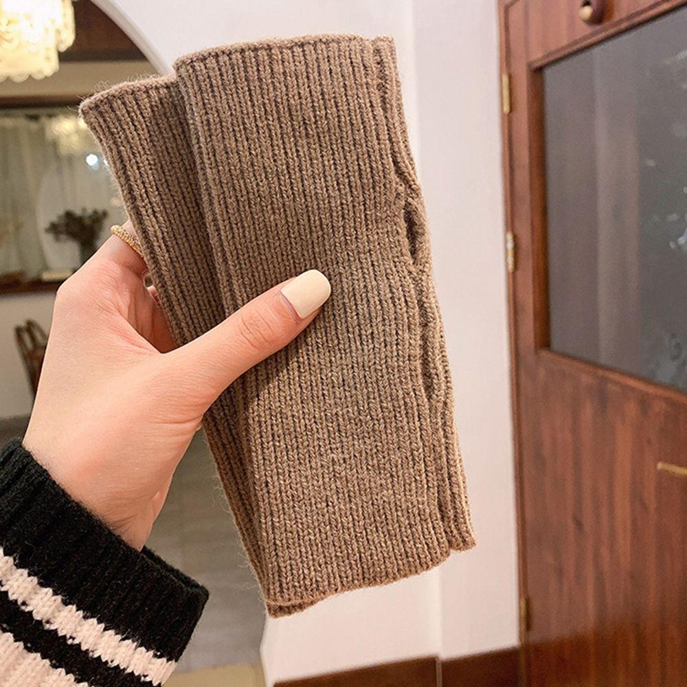 Solid Color Elastic Autumn And Winter Knitted Mittens Female Gloves Half-finger Gloves Plus Velvet