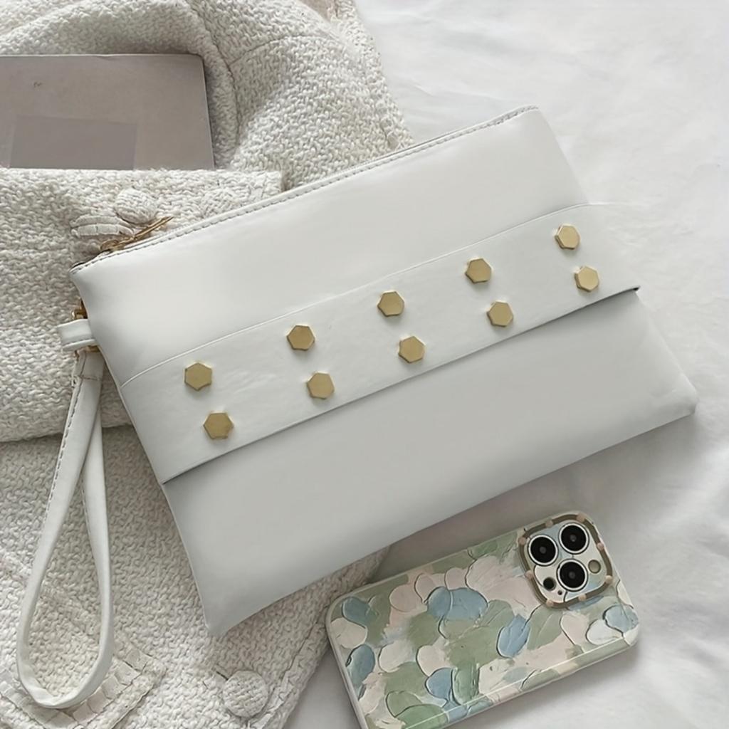 1 Stück Damen-Clutch, einfarbige Umschlaghandtasche mit Nieteneinlage, Reißverschluss, gefüttert, geeignet für Arbeit, Pendeln, Verabredungen, Partys