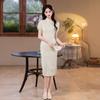 Off-white lace improved cheongsam young girl daily retro gentle wind waist thin short-sleeved dress