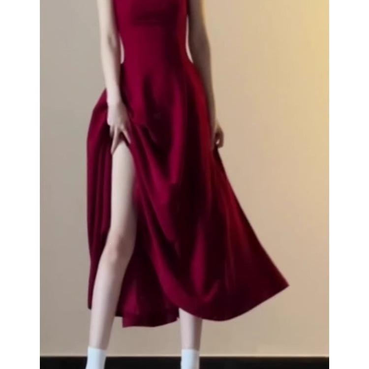 LC New French Temperament High Sense Hepburn Style Red Suspender Dress Children Summer Waist a Word