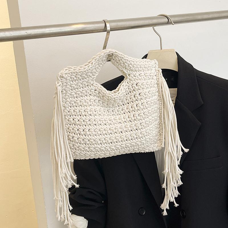 Yogodlns Knitted Tassel Bag New Summer Vacation Style Single Shoulder Diagonal Cross Woven Bag Fashionable Simple Women's Handbag