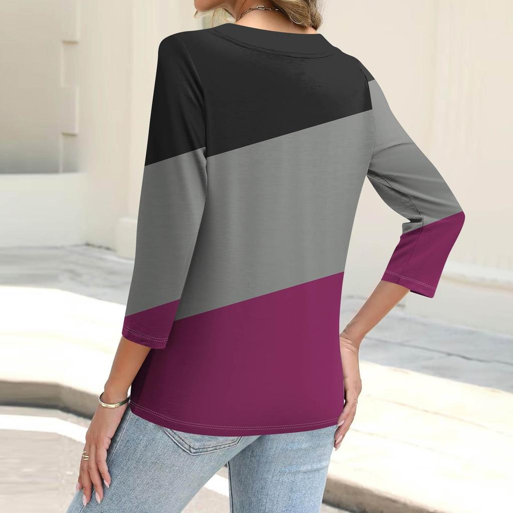 Women's Fashion Casual Striped Geometric Print Button-Down Shirt Three-quarter Sleeve Cardigan Top