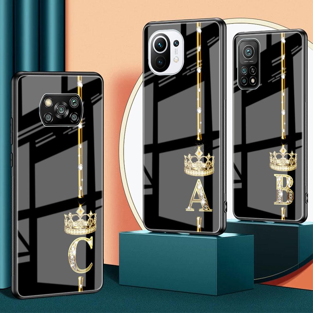 Custodia in vetro con 26 lettere ABC in oro rosa per Xiaomi Poco X3 NFC 11 Lite 11T F3 M3 Redmi Note 11 10 9 8 Pro 10S 9S 9A 9C Cover per telefono
