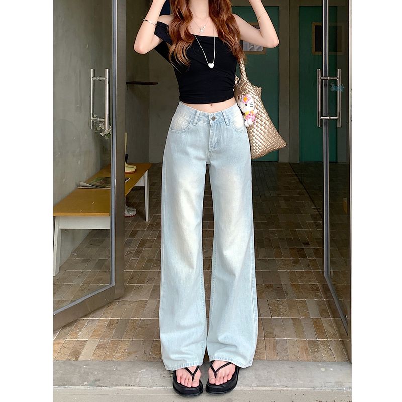 145 Small Washed Light Blue Denim Women's Unique Stylish Low Waist Loose Straight-leg Loose Pants Summer