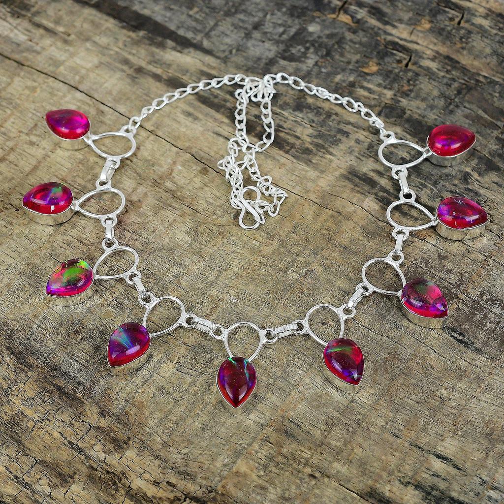Pink Triplet Opal Silver Necklace, Pink Opal Necklace, Gemstone Necklace, 925 Sterling Silver Jewelry, 925 Silver Crystal Dainty Necklace For Her