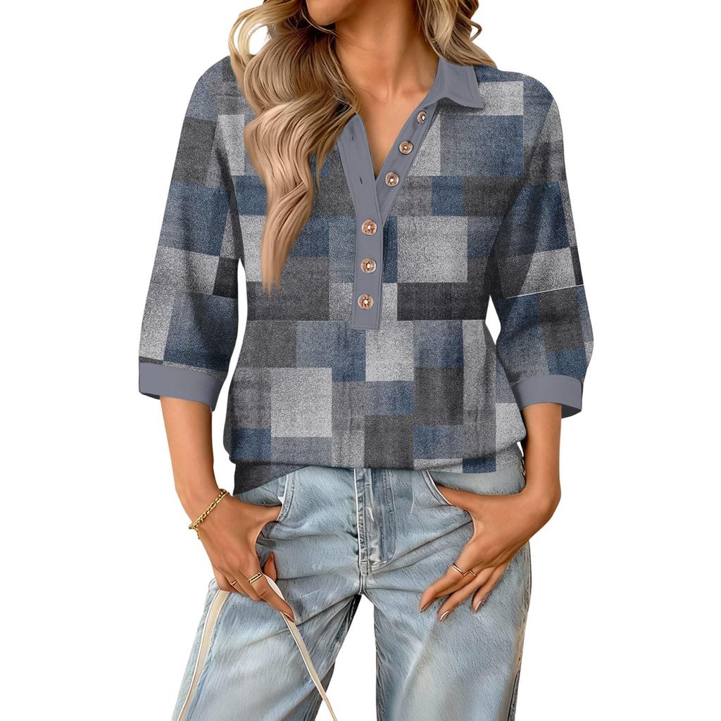 Blusa feminina moda verão casual gola V retalhos manga três quartos estampa xadrez