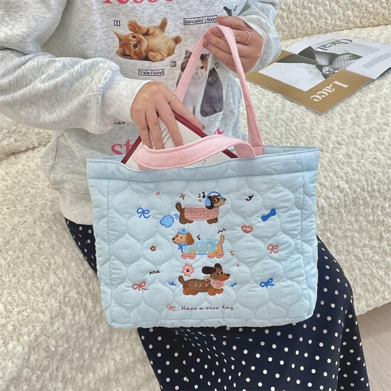 4 quilted cute puppy embroidered handbag tote bag women's shopping bag bento bag