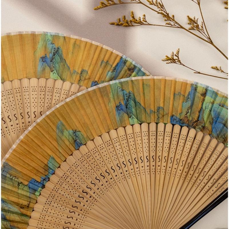 Landscape Handheld Folding Fan Hand Held Fabric Bamboos Fan Hollowed Hand Foldable Fan for Dancing Wedding Decorations