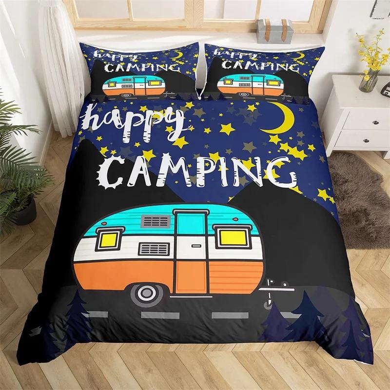 Camper Bedding Set Vintage Cabin Twin Full King Duvet Cover Cartoon Camp Travel Car Quilt Cover Farmhouse Style Comforter Cover