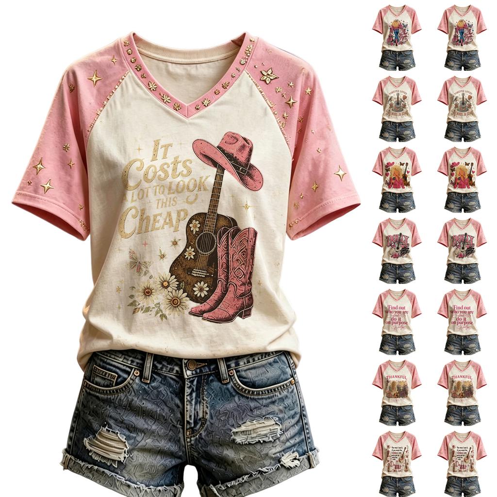 Women's Casual V-Neck Short Sleeve Letter Graphic T-Shirt