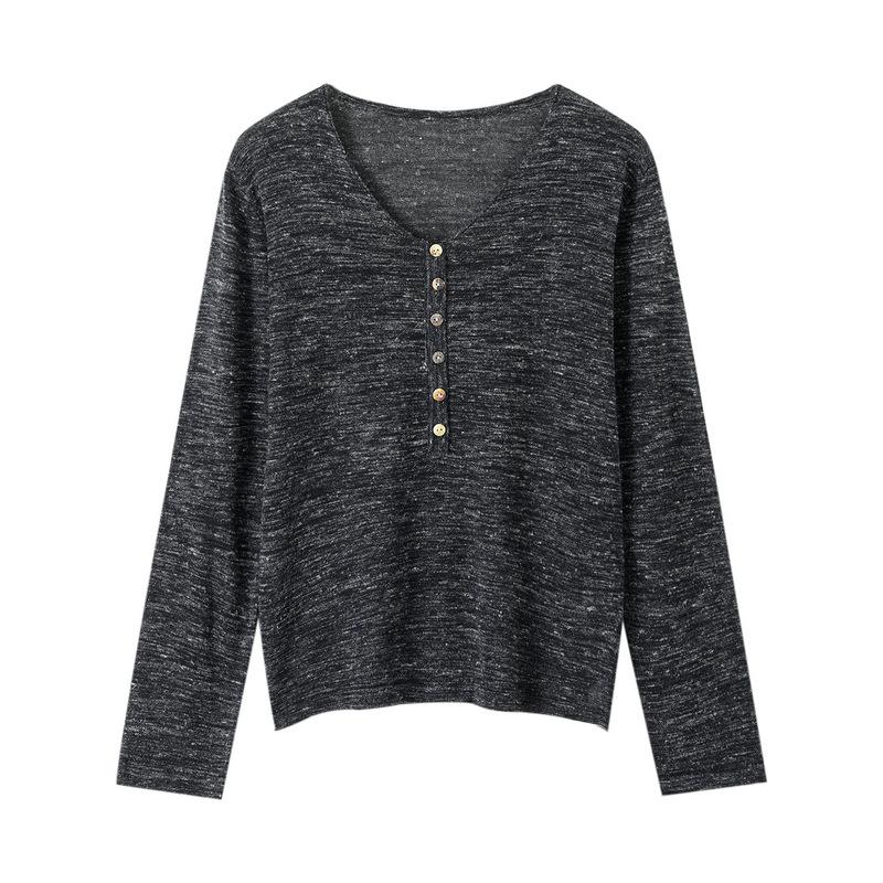 Amber Shimmer Women's V-Neck Linen Knit Pullover Long Sleeve Loose T-Shirt