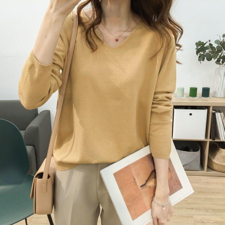 Women's V-Neck Knit Sweater: Large Size, Loose Fit, Slimming, Solid Color, Perfect for Early Autumn and Winter