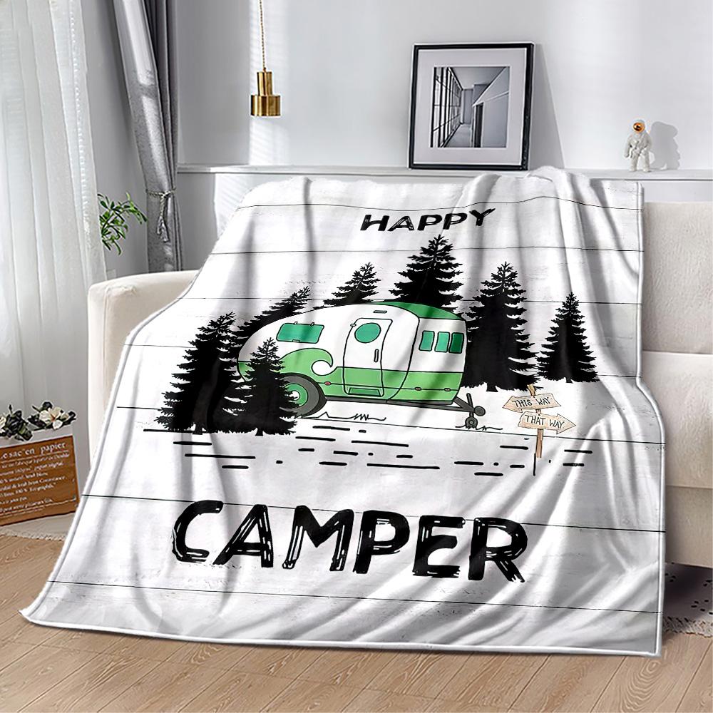 Happy Camper Adventure Blankets Are Suitable for Living Rooms,making Them an Ideal Choice for Outdoor Travel and Gifts.