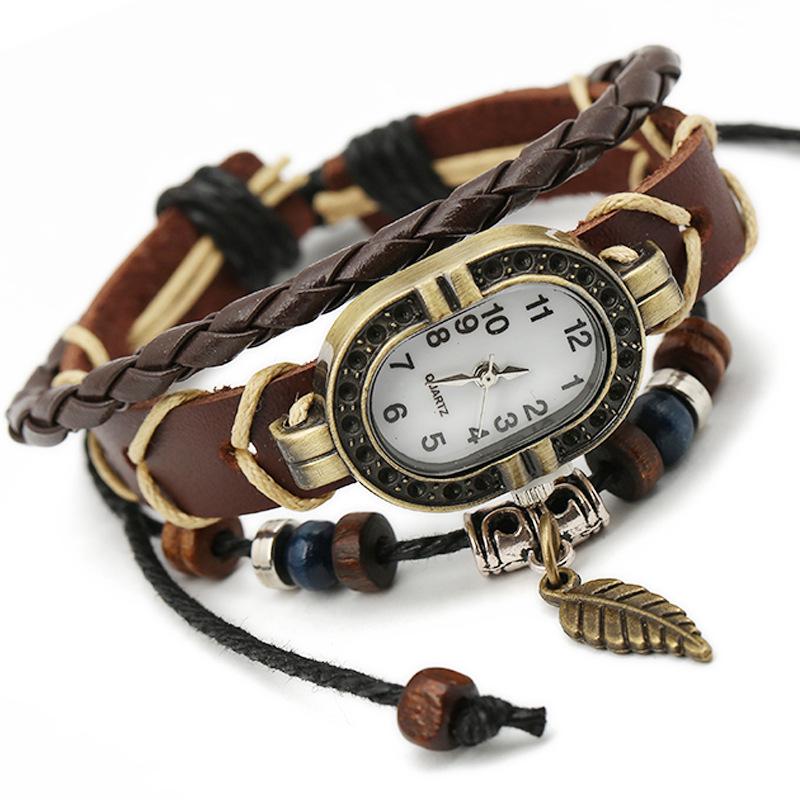 

Retro Genuine Leather Leaf-Style Bracelet Watch for Men & Women коричневый