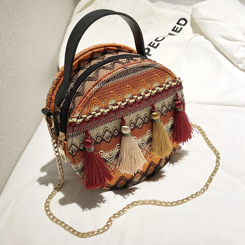 Korean Style Small Round Shoulder Bag With Chain Strap And Tassel For Girls