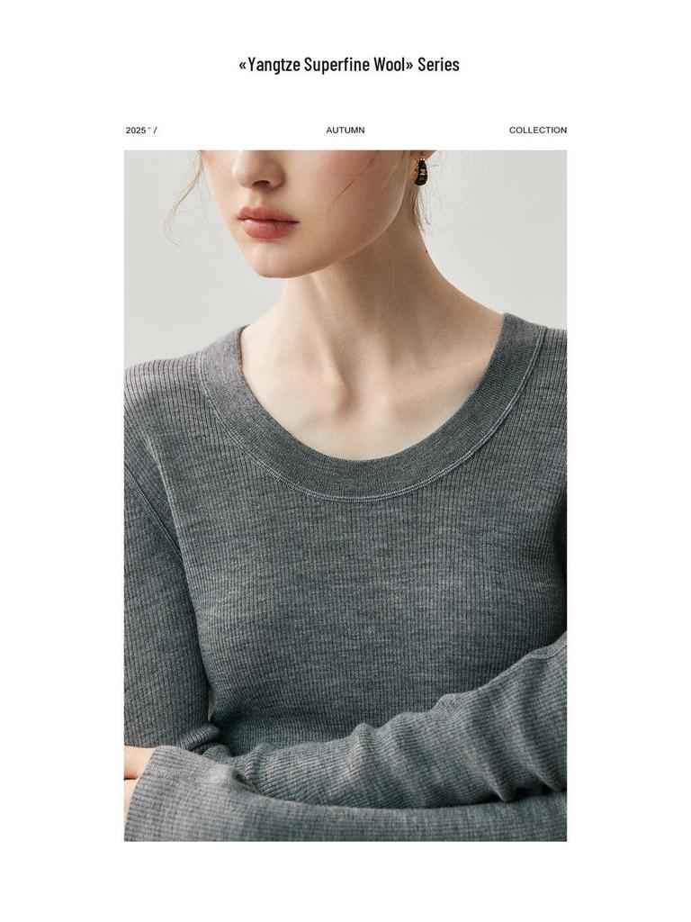 100% Wool Slim Fit U-Neck Seamless Knitted Sweater