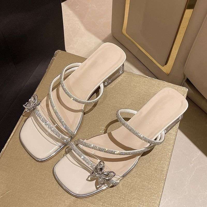 French Thick-heeled Slippers for Women's Summer Wear 2025 New Fairy Style Bow Rhinestone Temperament High-heeled Crystal Sandals