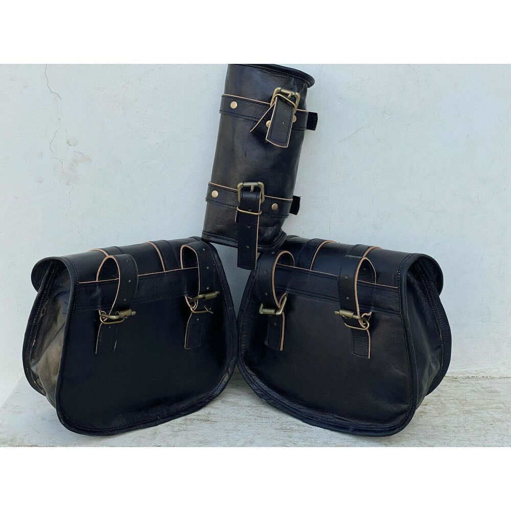 New Leather Black Motorcycle Combo Saddle 3 Bags Saddlebag Luggage 3 Side Bag