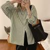 Minimalist Green Striped Shirt for Women with A Sense of Design for The New Spring Lazy Coat Long-sleeved Top
