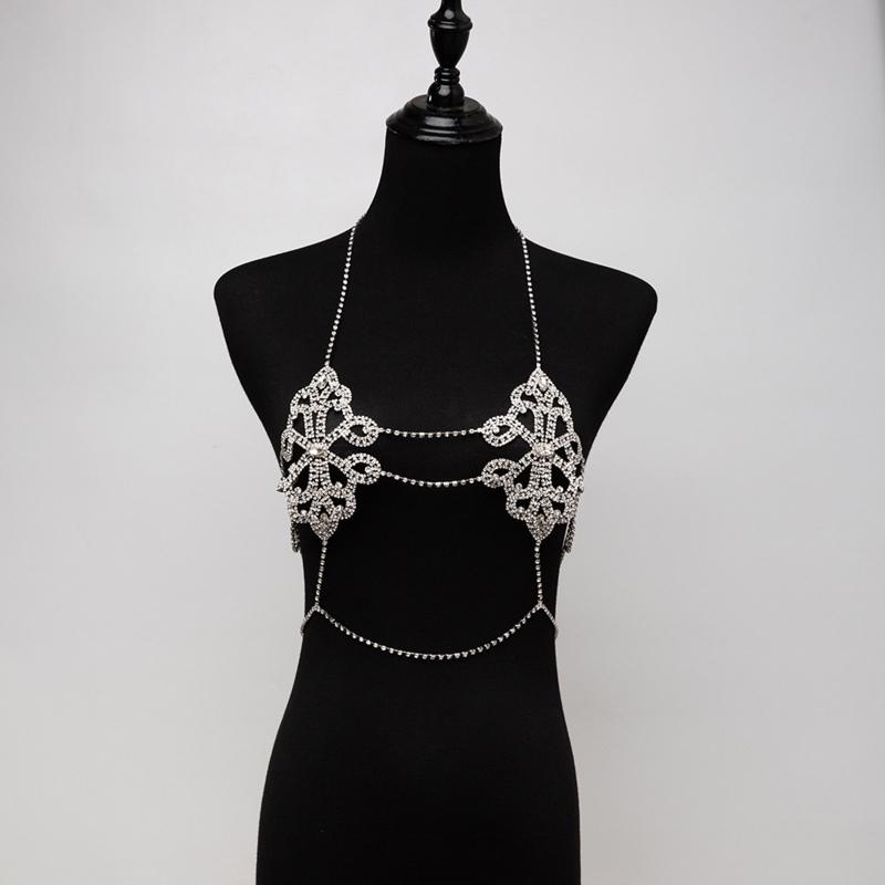 Women's Body Belly Chain Silver Bra Jewelry Sexy Necklace Bikini Sexy Hollowed Out Chest Chain for Beach Party Women