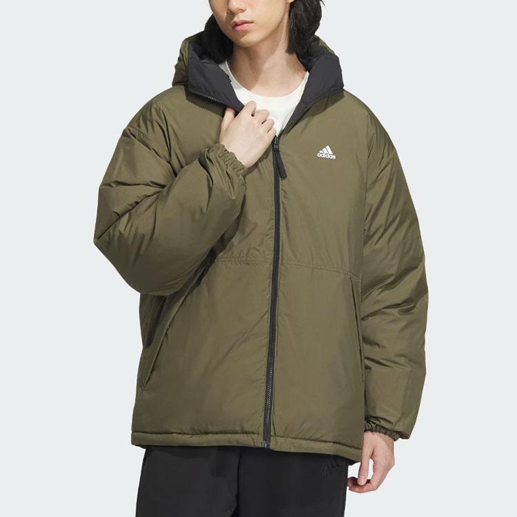 Adidas Reversible Down Jacket With Letter Logo Print and Hood Men Outerwear Black IV7569