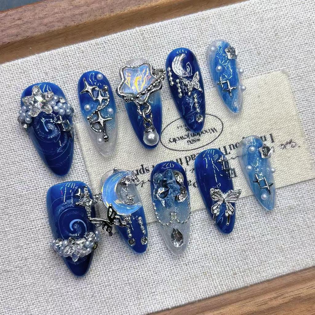 Blue Starry Sky Almond False Nail Tips - Handmade High-End Short Manicure