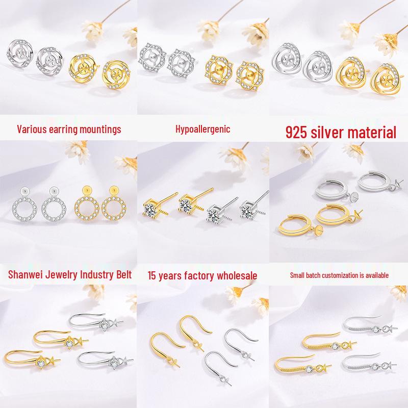 S925 Silver Pearl Earrings: Empty Setting Ear Wire, Hoop, Hook, Stud, Pendant, and Bottom Setting.