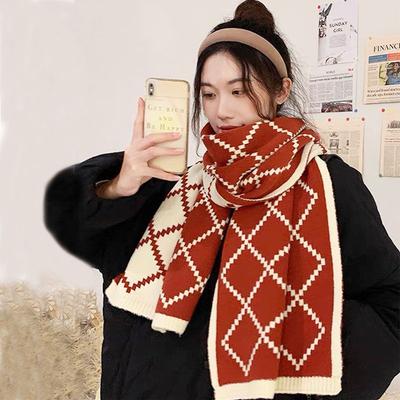 Scarf Women's Warm and Thick Oversized Diamond Pattern Winter Double Sided Knitted Dual Purpose Thickened Warm Student Wool Scarf