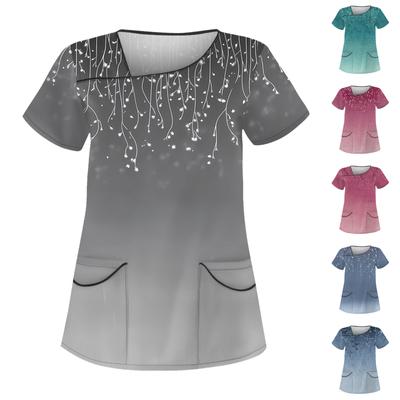 Damen-Arbeitsoberteil mit lässigem Print, kurzen Ärmeln, schrägem Kragen und Doppeltaschen