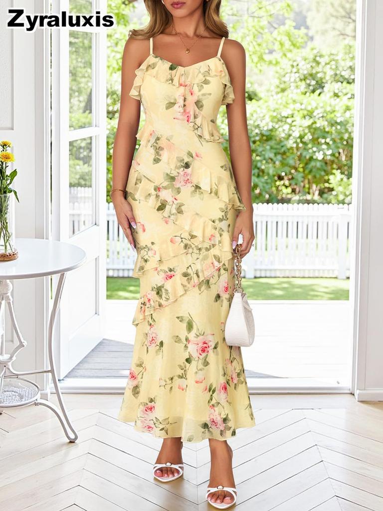 New Women's Summer Beach Floral Ruffled Bodycon Evening Dress with Peony Long Skirt