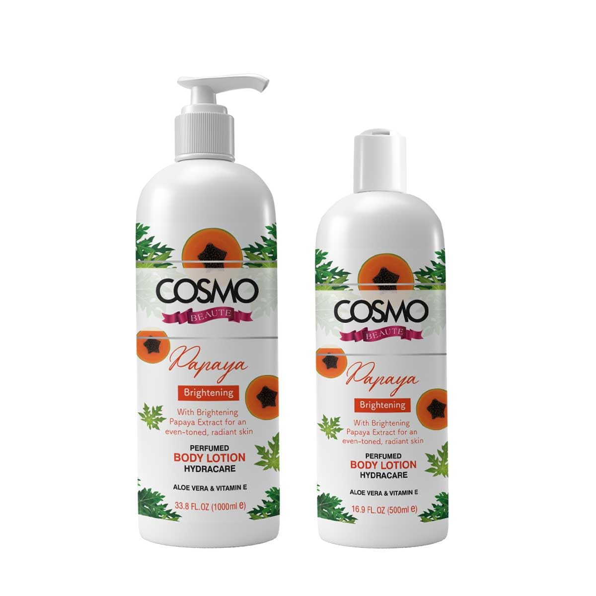 Cosmo Skin Care Tropical Papaya Brightening Perfumed Body Lotion 2 Pieces Set, 1000ml & 500ml | With Aloe Vera & Vitamin E | Long Lasting | Lightwe