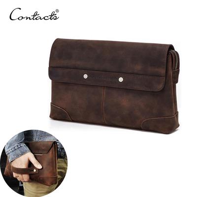 CONTACT'S Männer Kupplung Taschen Crazy Horse Leder Lange Brieftasche Männer Große Kapazität Handtasche Männlichen Geldbörse Mit Telefon Tasche