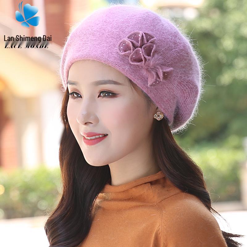 Women's Winter Fashion Knitted Wool Beret with Rabbit Fur - Cute Korean-Style Beanie