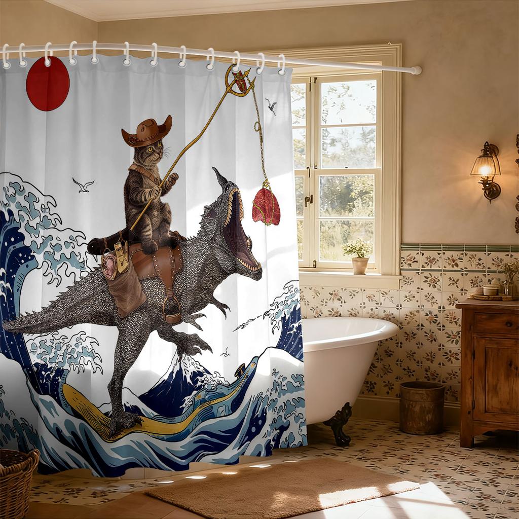 1Pc Funny Cat Dinosaur Print Waterproof Shower Curtain Partition Privacy Hanging Curtain, 12 Hooks, Multiple Sizes