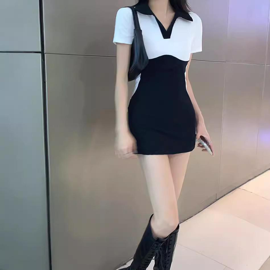 American Spice Girl Sexy Halter Polo Short Sleeve Neck Dress Women's Summer Skinny Buttocks Dress Small Man