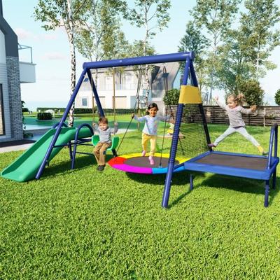 Multifunktionales Outdoor-Schaukelset mit Rutsche, Trampolin, rundem Nestschaukel und Kunststoffschaukel, Hängendes Schaukelset für Kinderspielplatz