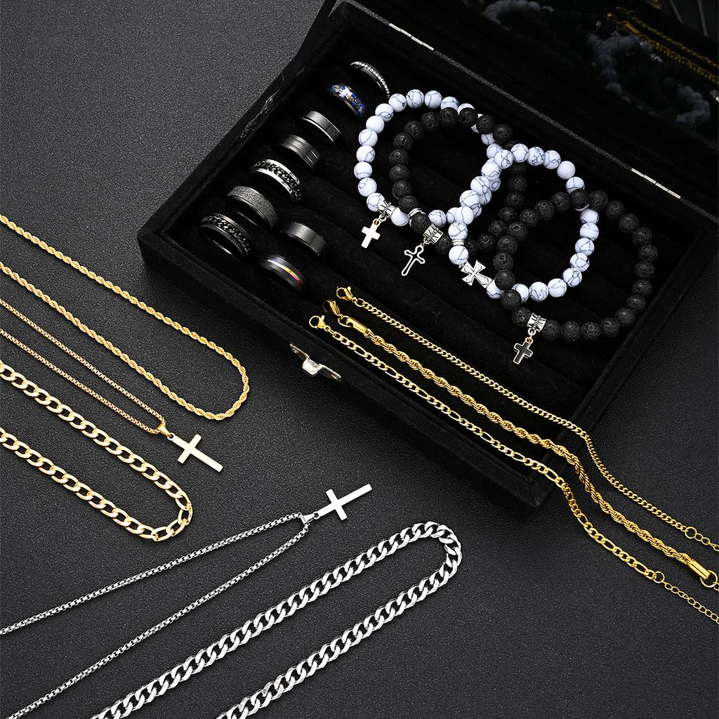 21 Pcs Cross Jewelry Set For Men Stainless Steel Volcanic Stone Beaded Bracelets Cuban Link Chain Necklaces Rings Multipack Gift