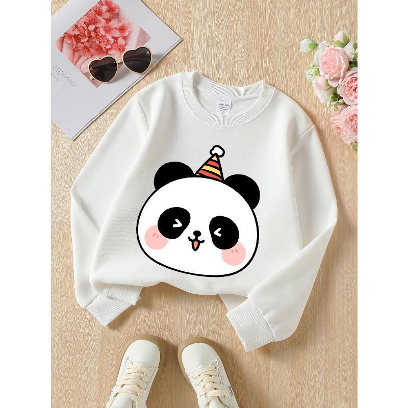 Kids Sweatshirt Adorable Panda Crewneck Sweatshirt for Girls Featuring a Party Hat, Suitable for Machine Washing. Perfect for Spring And Autumn